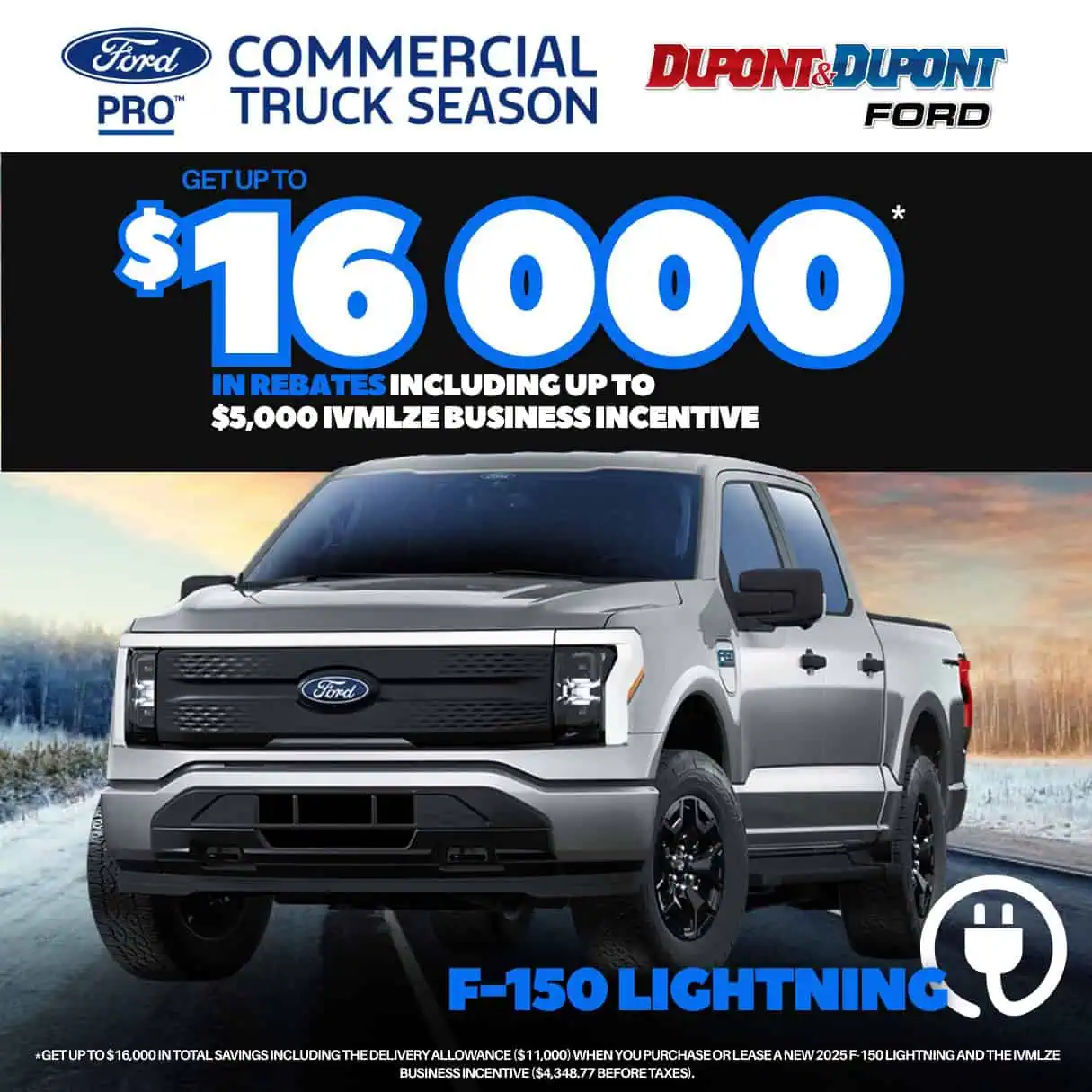 Image d'une promotion pour la saison des camions commerciaux Ford Pro, mettant en avant le modèle F-150 Lightning, avec des remises allant jusqu'à 16 000 $ et un incitatif commercial de 5 000 $.