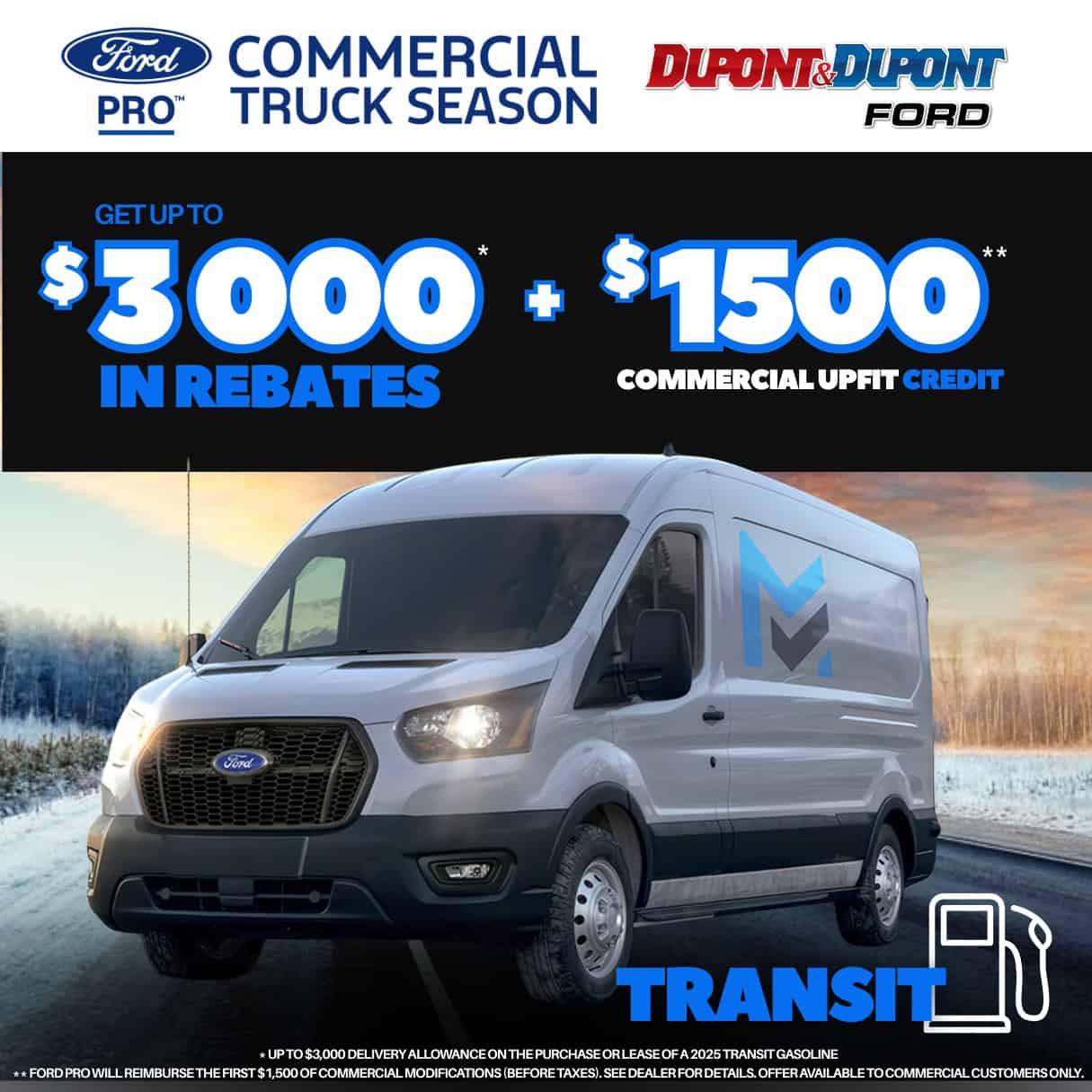 Fourgonnette Ford Transit en promotion pour la saison des camions commerciaux, offrant jusqu'à 3000 $ de remises et 1500 $ de crédit pour modifications commerciales.