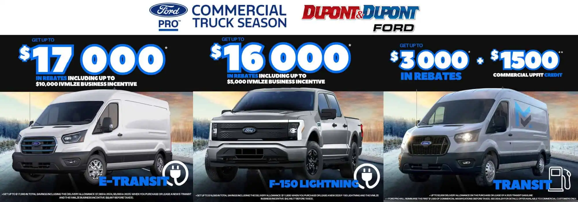 Offre promotionnelle Ford pour la saison des camions commerciaux, affichant des remises allant jusqu'à 17 000 $, incluant 10 000 $ pour les incitations aux entreprises. Les modèles présentés comprennent le E-Transit et le F-150 Lightning, avec des remises supplémentaires et des crédits de conversion commerciale.